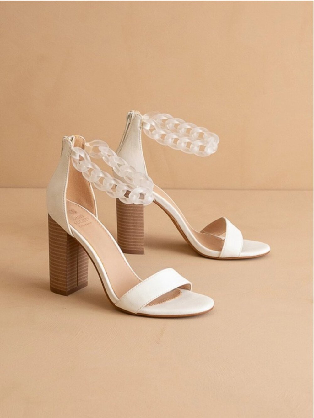 Oasis Society Josie White Gold Chain Ankle Strap Block Heels NEW